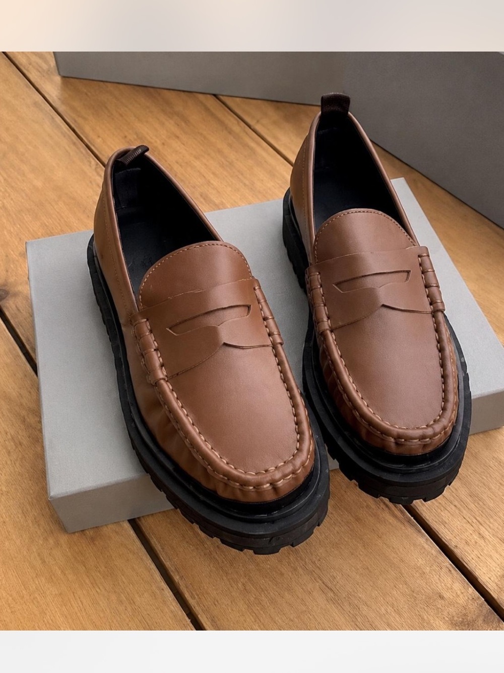 Officine Creative Brown Leather Penny Loafers with Black Lug Sole